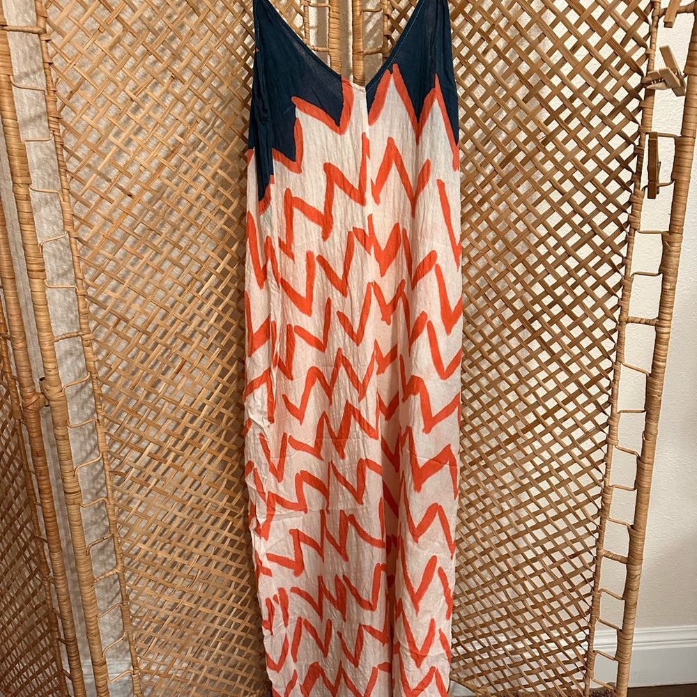 Chevron Maxi Dress in Coral, Navy & White